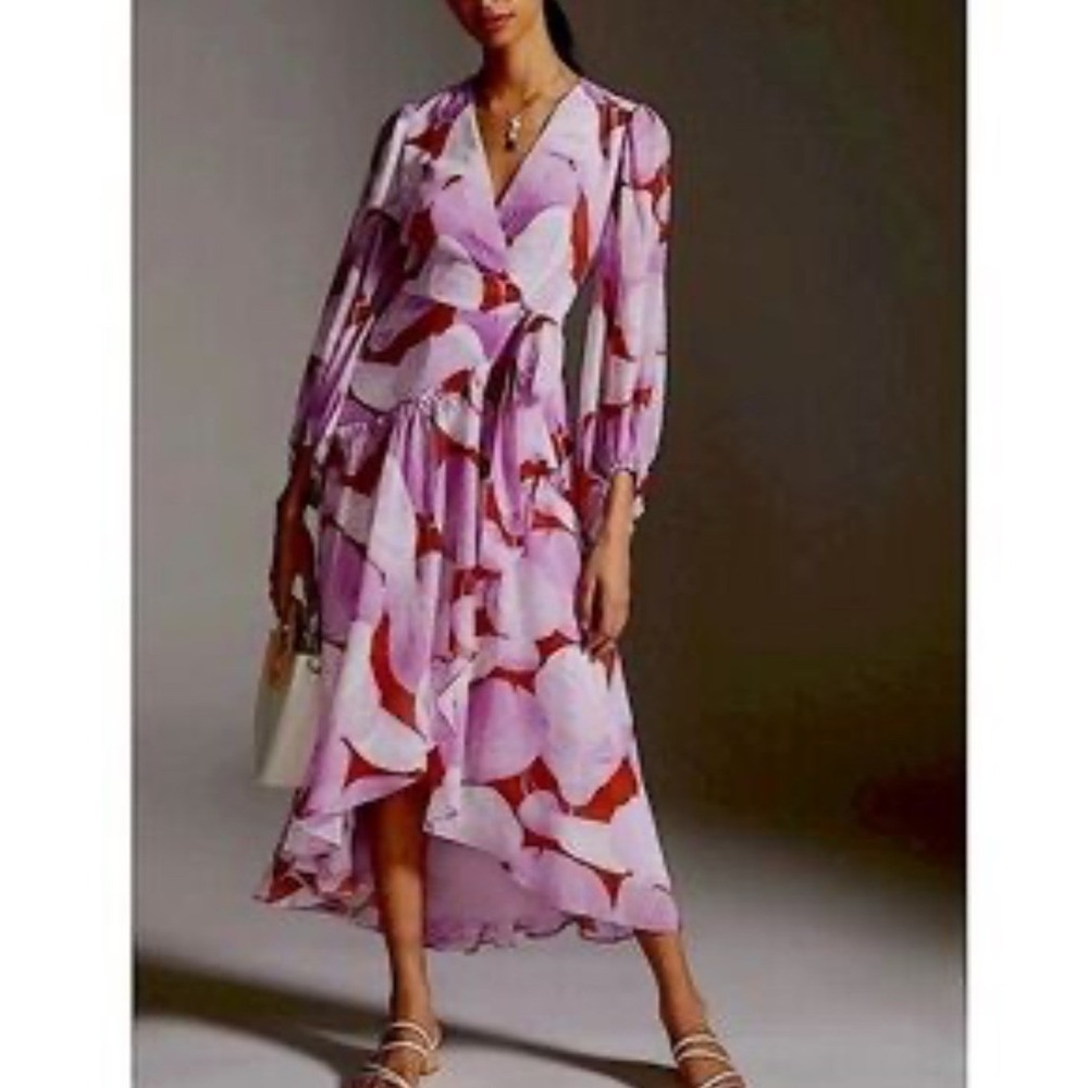 Hutch Purple Red Botanical Leaf Print Wrap Maxi Dress Long Balloon Sleeve L